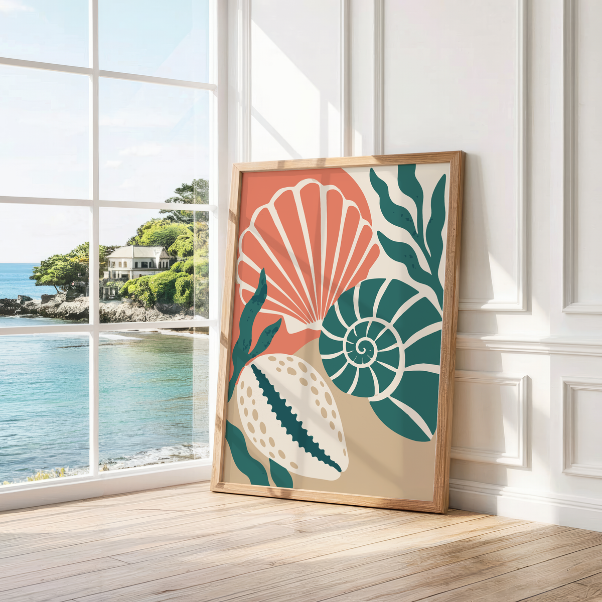 Coral scallop and teal spiral shell leaning by a bright window with a sea view