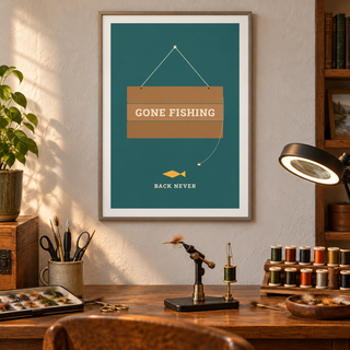 Wooden gone fishing sign on teal print above a hobby desk in a spare room