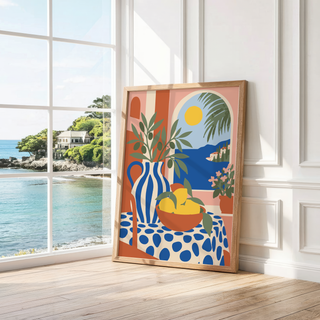 Arched window over a blue sea leaning by a bright window with a sea view
