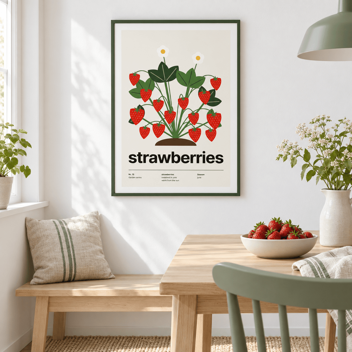 Strawberry plant heavy with red berries above a table in a breakfast nook