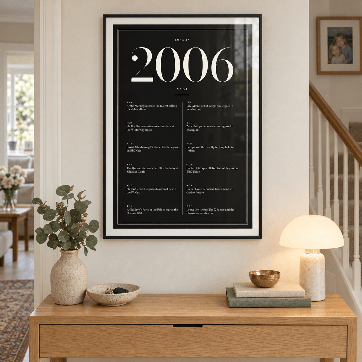 Black and ivory 2006 birth year print in a calm room setting