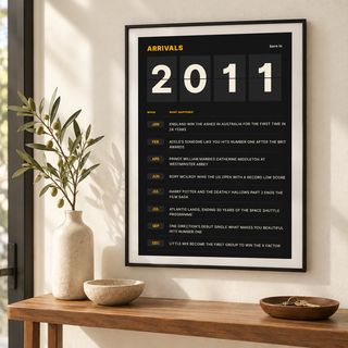 Arrivals board print with 2011 on flap tiles in a calm room setting