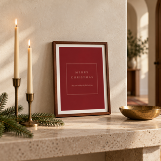 Close view of the minimalist red Christmas print styled on a console