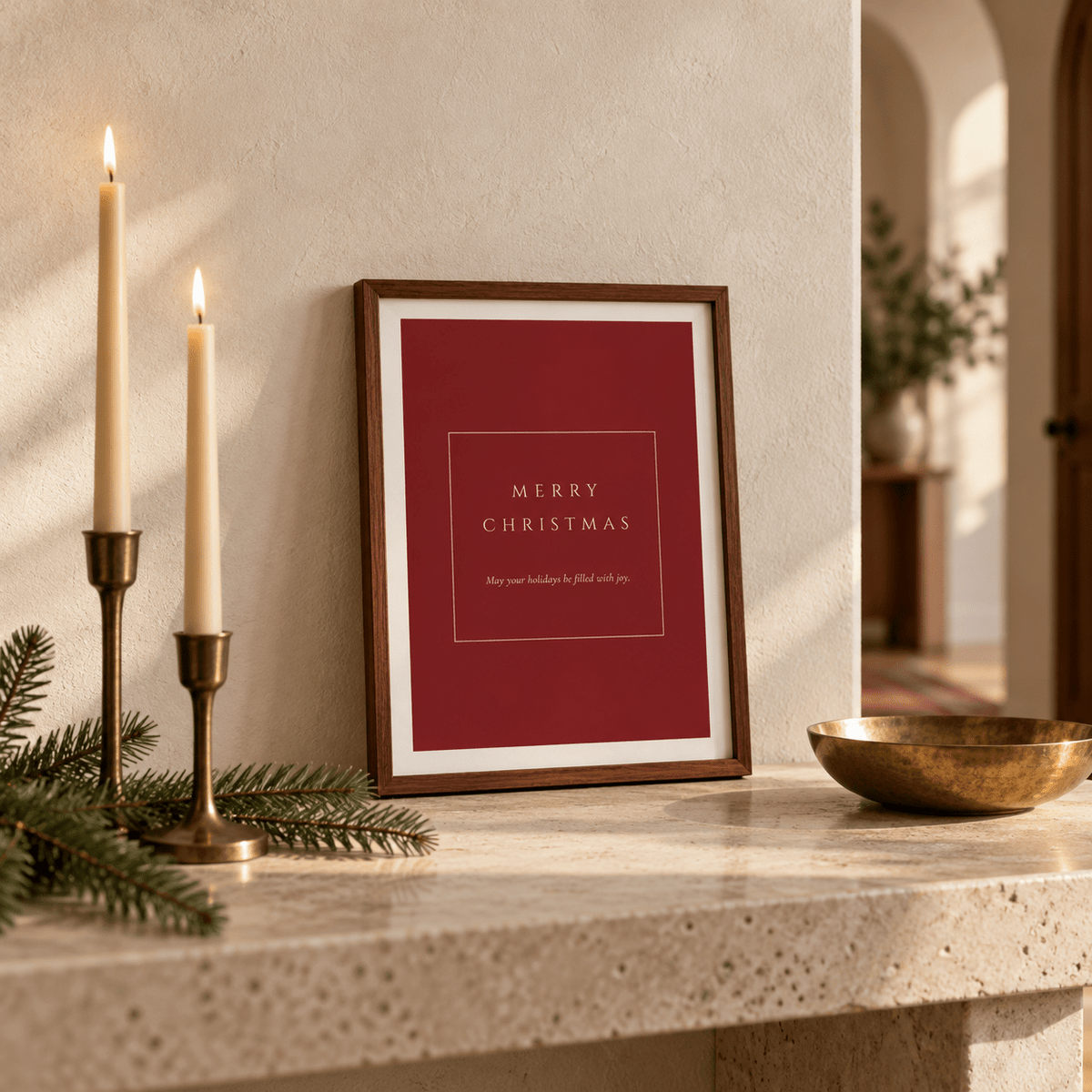 Close view of the minimalist red Christmas print styled on a console