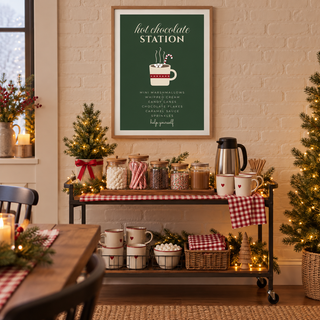 Festive hot chocolate sign print in a holiday cart at Christmas