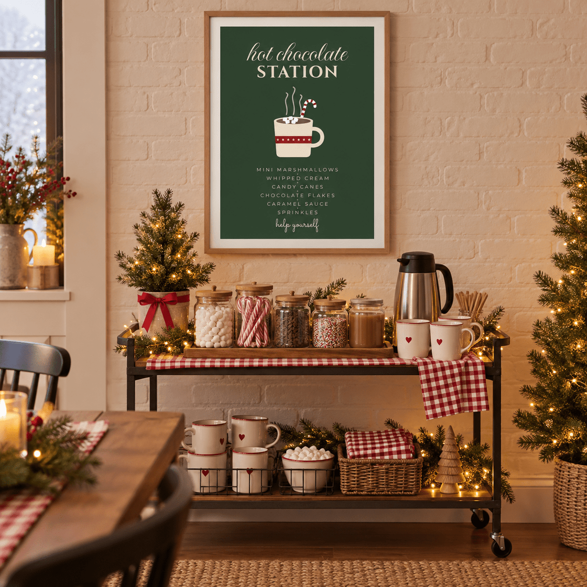 Festive hot chocolate sign print in a holiday cart at Christmas