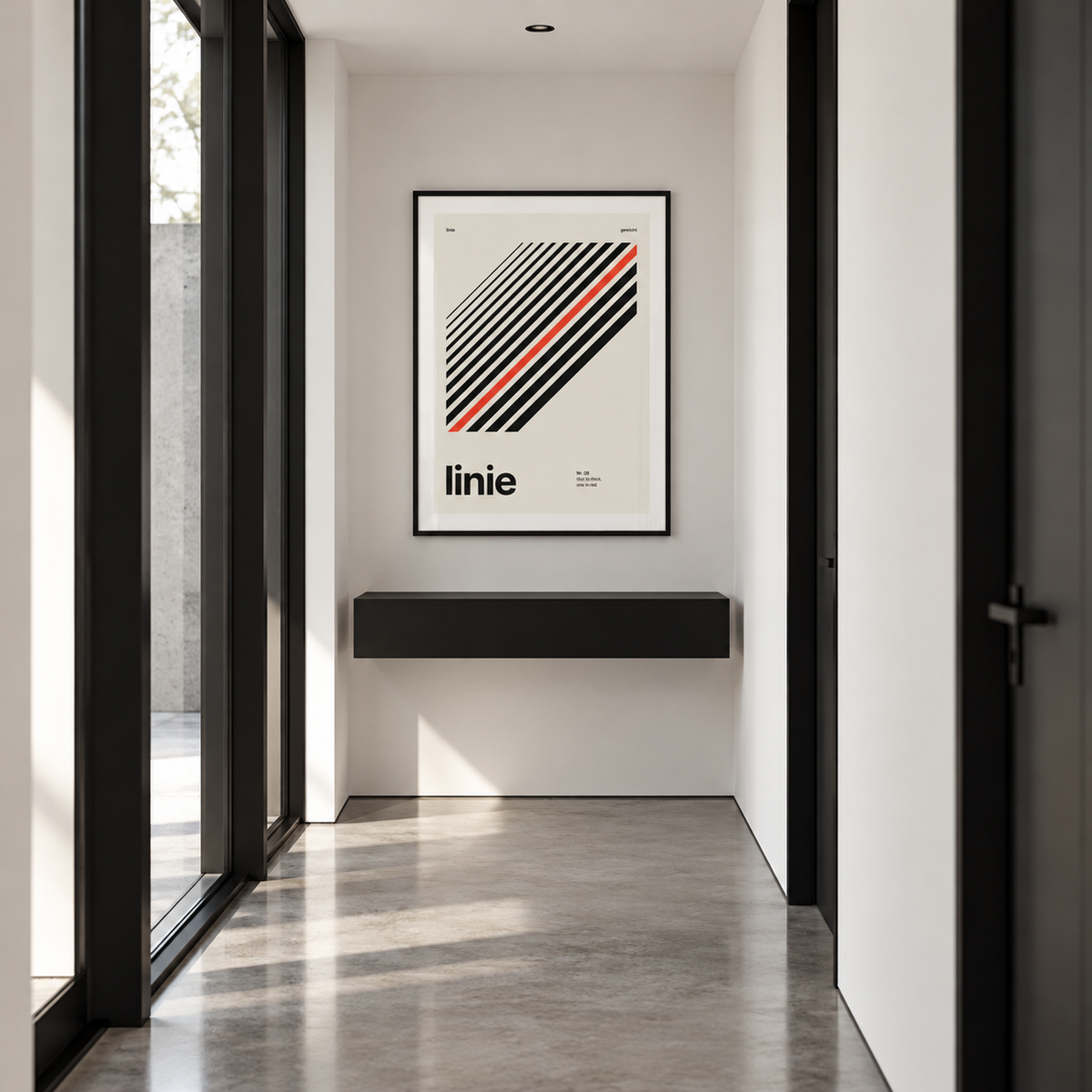 Parallel lines with one red line print above a console table in a hallway