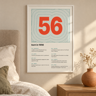Teal contour line print with a vermilion 1956 in a calm room setting