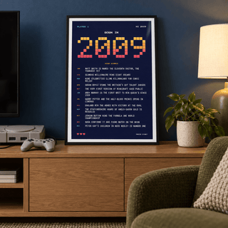 Eight bit 2009 high score print in a calm room setting