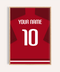 Close-up of Turkey Football Shirt Poster with red shirt back, white YOUR NAME text, and large number 10
