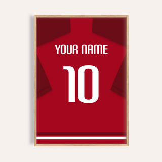 Close-up of Turkey Football Shirt Poster with red shirt back, white YOUR NAME text, and large number 10