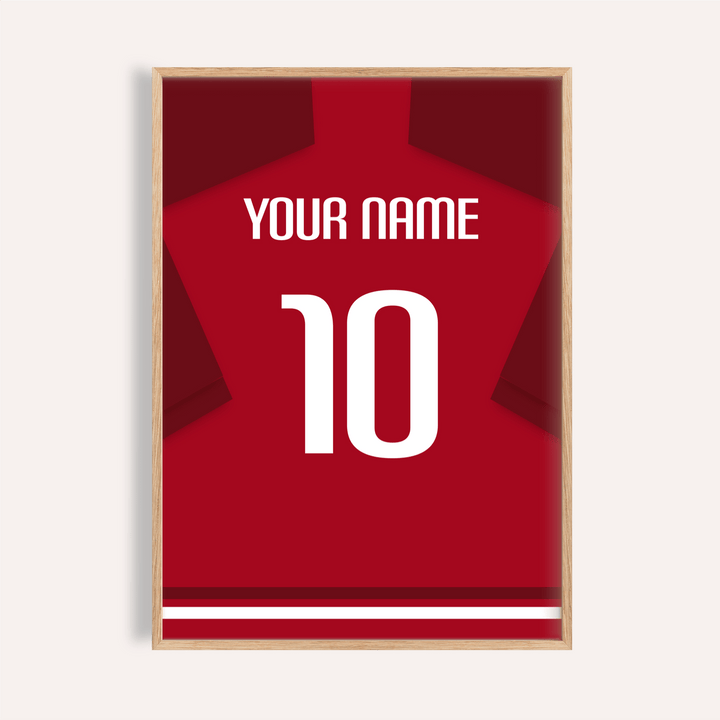 Close-up of Turkey Football Shirt Poster with red shirt back, white YOUR NAME text, and large number 10