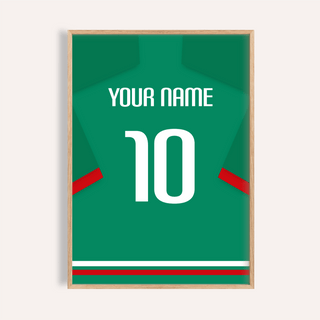 Centered Mexico Jersey Shirt Poster showing custom name and number 10 on jersey back print