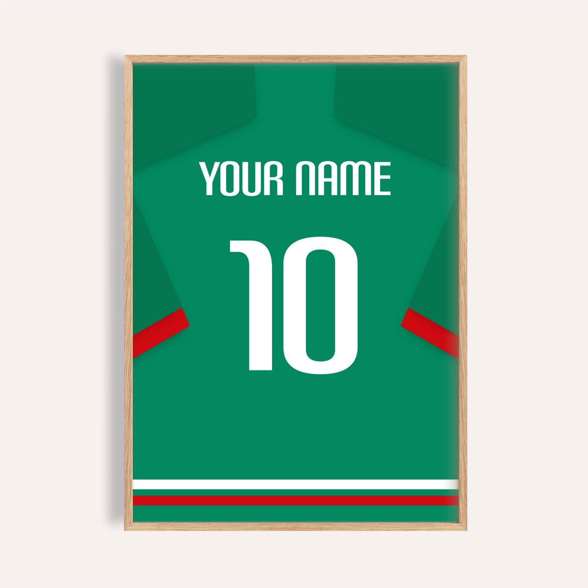 Centered Mexico Jersey Shirt Poster showing custom name and number 10 on jersey back print