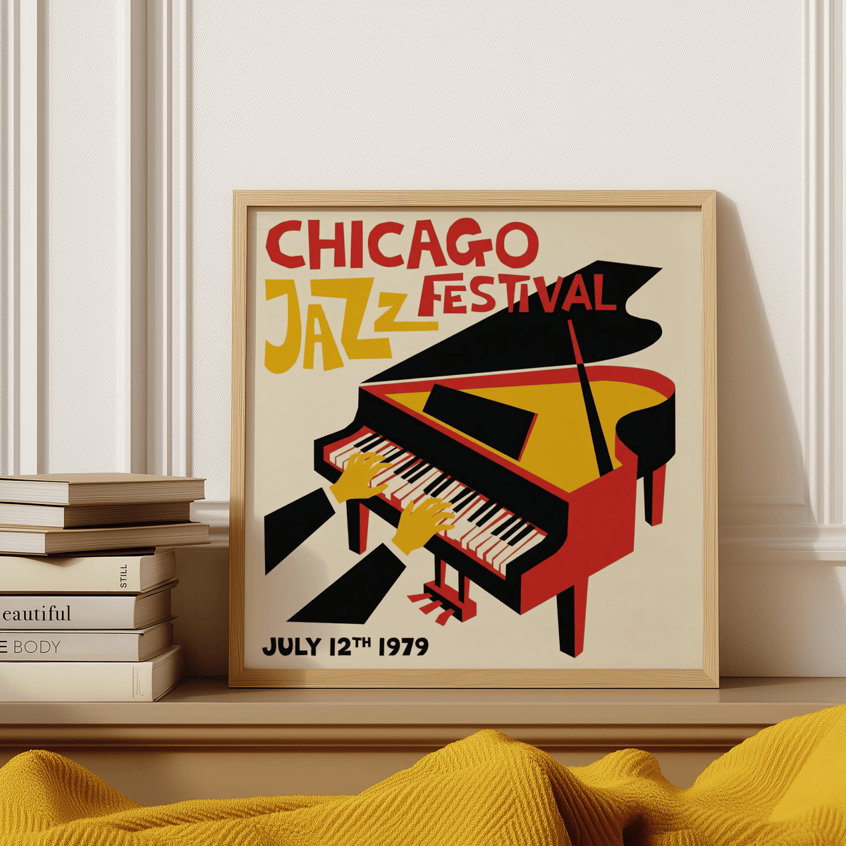 Jazz Festival Poster in Yellow, Red, and Black perfect for modern living rooms