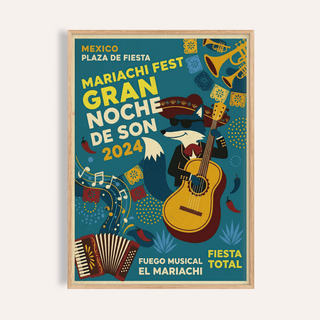 Mariachi festival poster print with guitar, accordion, and bold typography