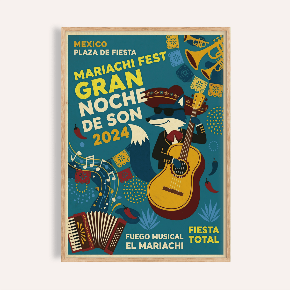 Mariachi festival poster print with guitar, accordion, and bold typography