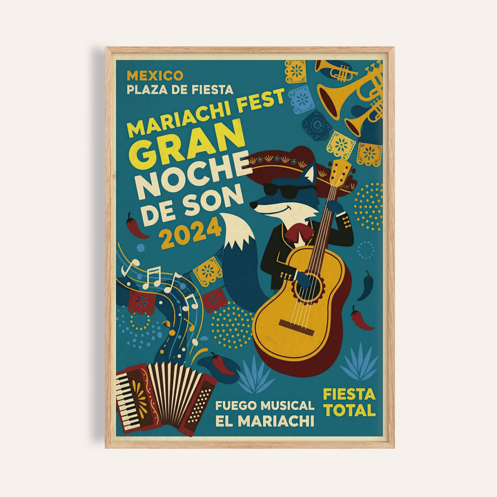 Mariachi festival poster print with guitar, accordion, and bold typography