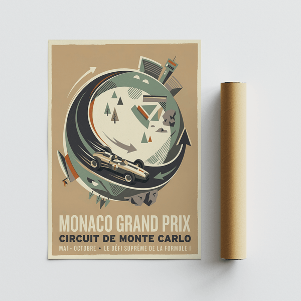 Minimalist Monaco Grand Prix Print print with circular track composition, motion arrows, and vintage typography