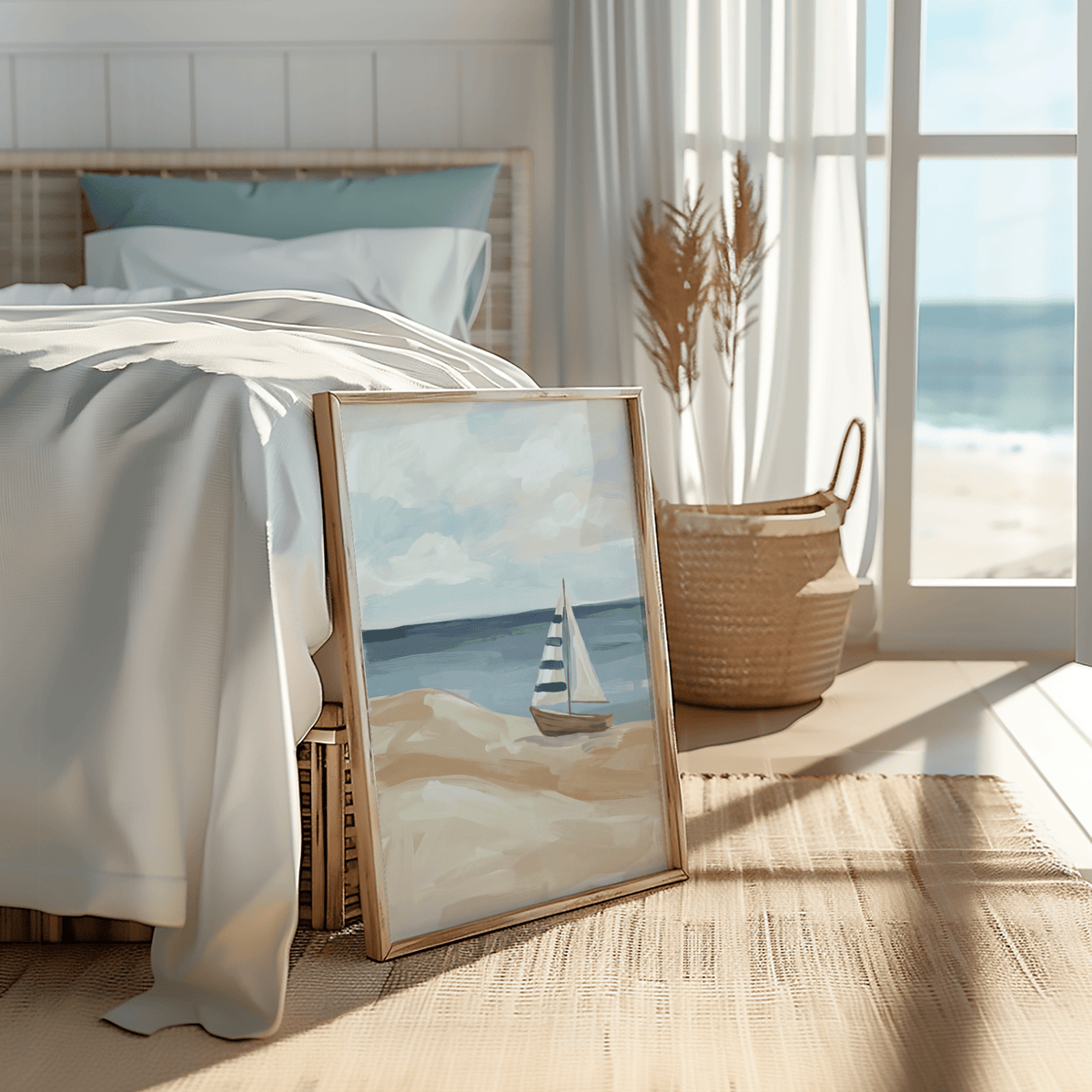 Beach Sailboat Wall Art in coastal blue and white for office art print