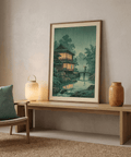 Serene river valley poster with bamboo-like foliage, rocks, and reflective water