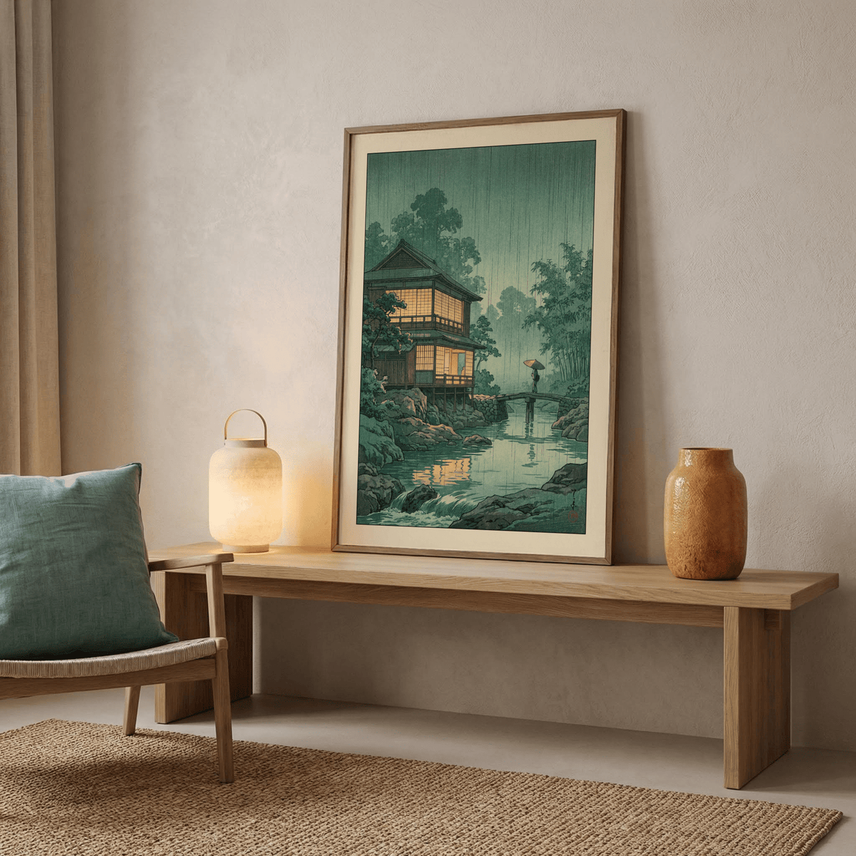 Serene river valley poster with bamboo-like foliage, rocks, and reflective water