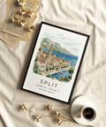 Coastal cityscape wall art print of Split with marina boats and mountain backdrop