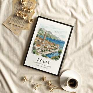 Coastal cityscape wall art print of Split with marina boats and mountain backdrop