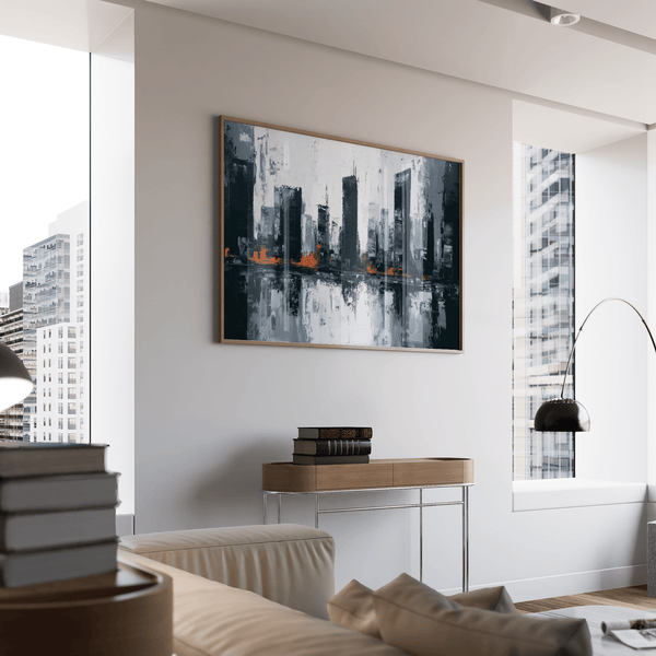 Abstract City Wall Art, Orange city accents in Gray, for urban office decor