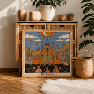 Gallery-style mockup poster view of Tarot Card Devil Art print with full border visible