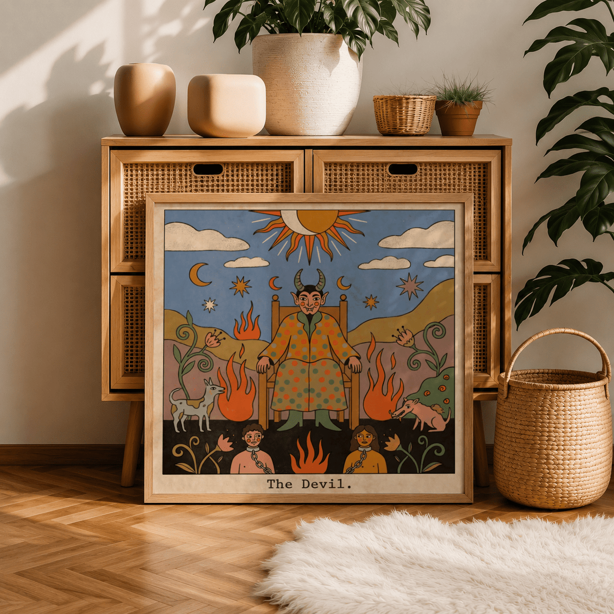 Gallery-style mockup poster view of Tarot Card Devil Art print with full border visible