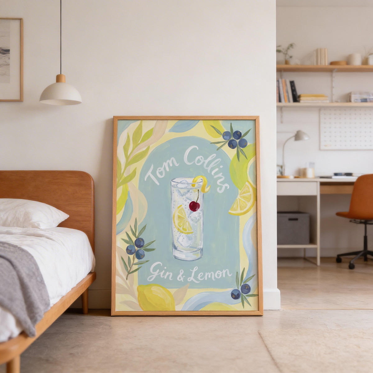 Illustrated bar wall art print of a Tom Collins drink with lemon rounds and botanical sprigs