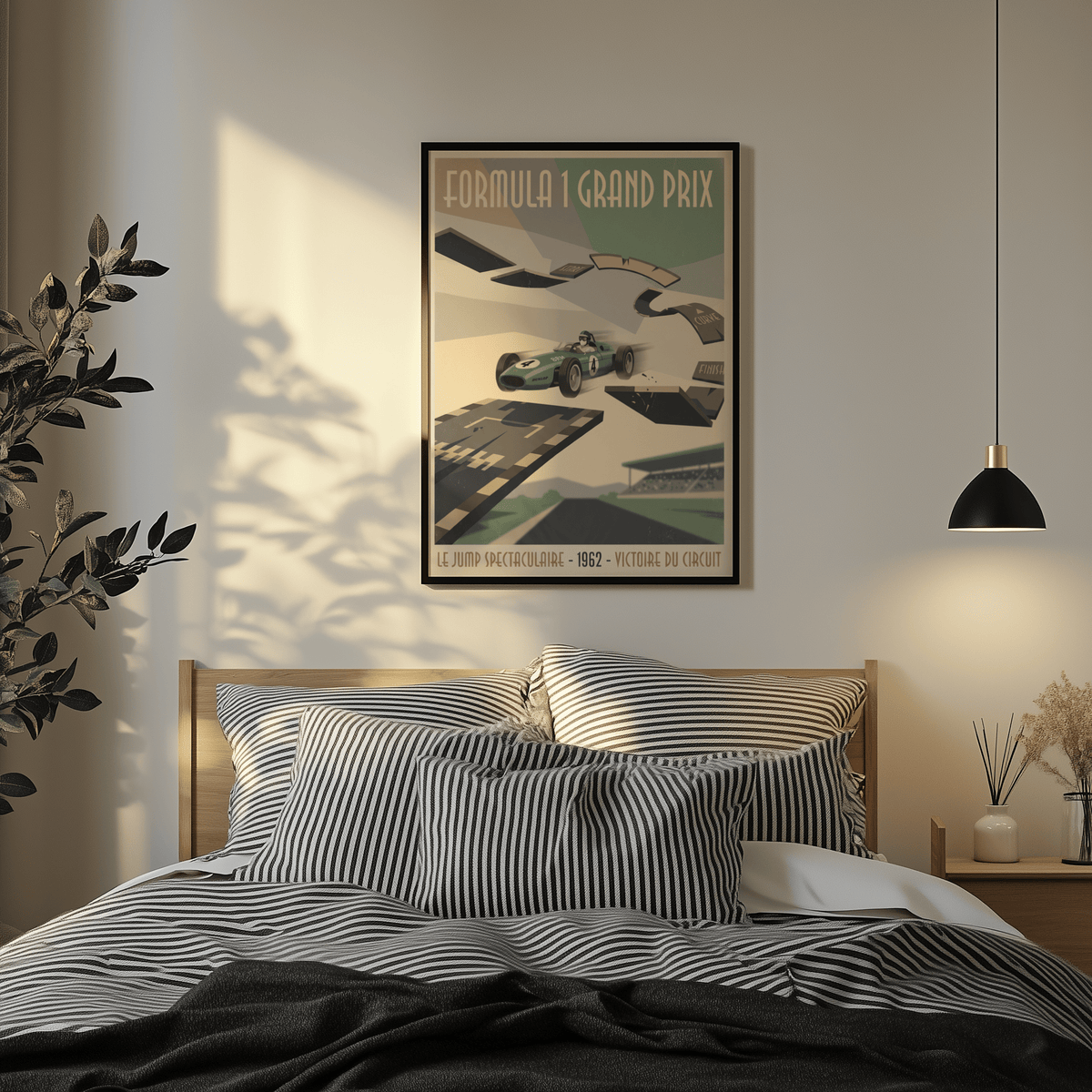 Retro motorsport poster print with course signage and simplified track lines in a mid-century style