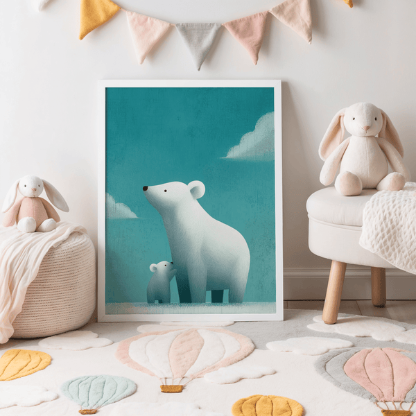 Polar Bear Print in calming blue and crisp white for baby nursery