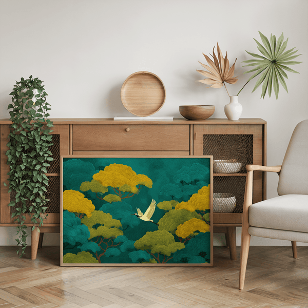 Colorful Japanese Nature Art featuring Green, Yellow for modern living room decor