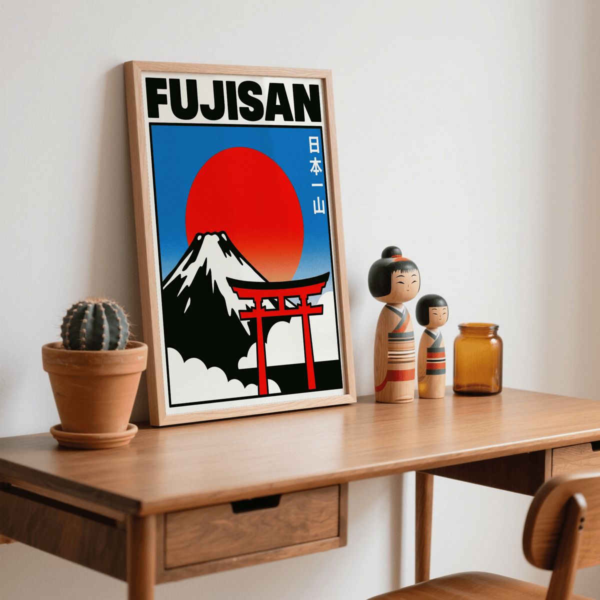 Fujisan Wall Art with White, Blue, vivid Red for peaceful office décor