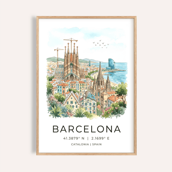 Watercolor Barcelona City Art Print poster with basilica spires and coastline