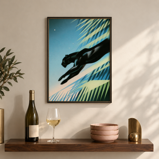 Art Deco Black Panther Print wall art featuring a black panther silhouette and palm fronds