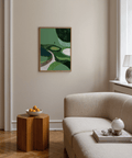 Minimalist Golf Poster showing a putting green with flag, curved path, and rounded hazards