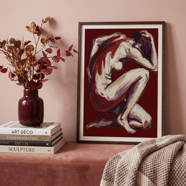 Painterly nude study print showing draped fabric and folded legs