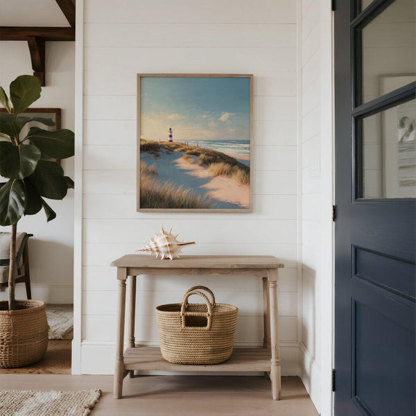 Coastal lighthouse wall art showing calm waves and distant sails on the horizon.