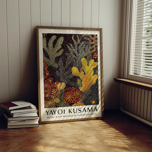 Coral reef art print with textured dot painting technique.