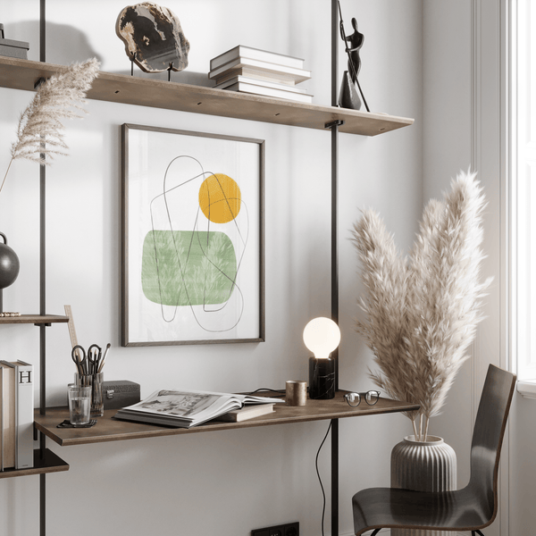 Simple Minimalist Wall Art print showing green blob, yellow sun for modern dining room