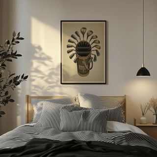 Stylized golf equipment wall art print with central bag, curved pocket flap, and clustered clubs
