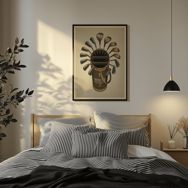 Stylized golf equipment wall art print with central bag, curved pocket flap, and clustered clubs