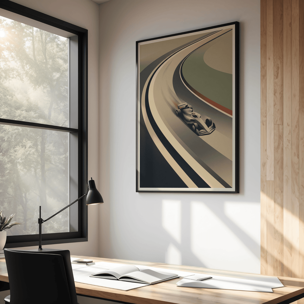 Vintage Motorsport Wall Art graphic featuring layered red and beige bands