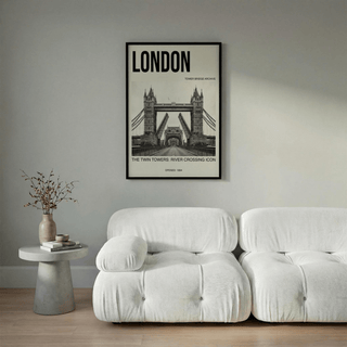 Monochrome London wall art print with Tower Bridge roadway view and large top title