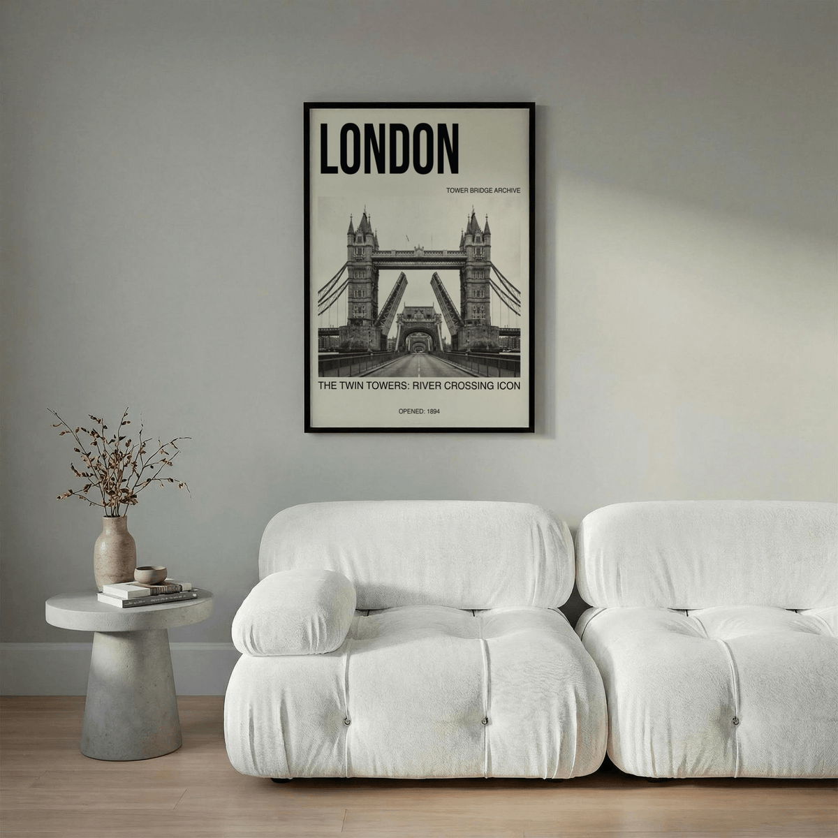 Monochrome London wall art print with Tower Bridge roadway view and large top title