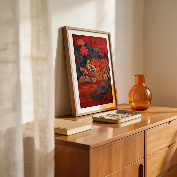 Indian Tiger Wall Art print of a resting tiger with geometric textures and floral elements