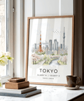 Minimal travel poster print of Tokyo cityscape with birds in the sky and coordinates text